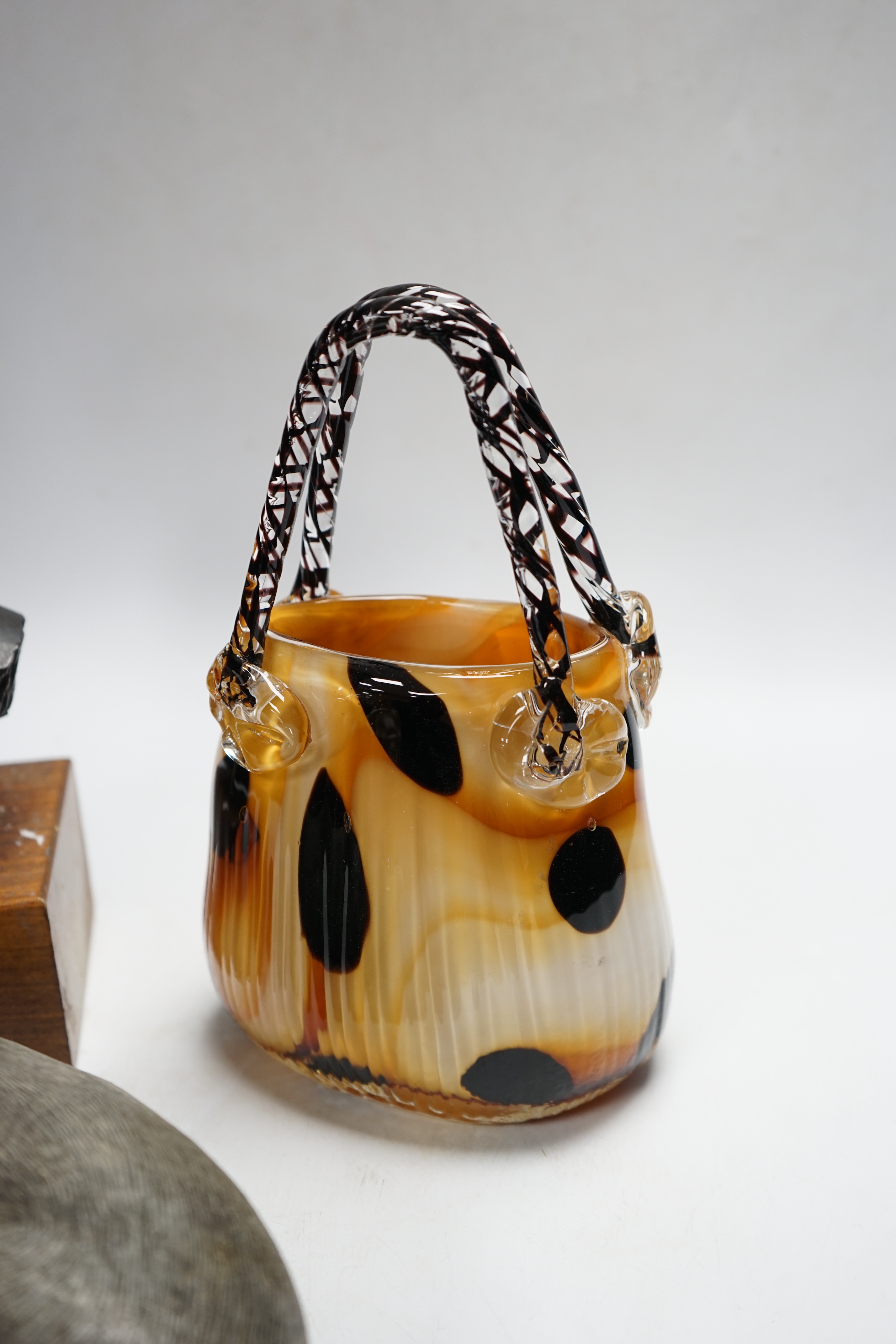 An early 20th century Italian signed bust of a lady, a studio glass basket, model of a dog and a cribbage set (4)
